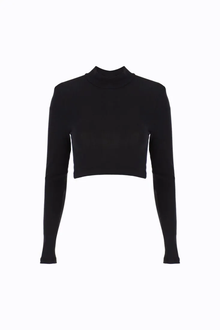 Maglia cropped monocolour a collo alto a costine