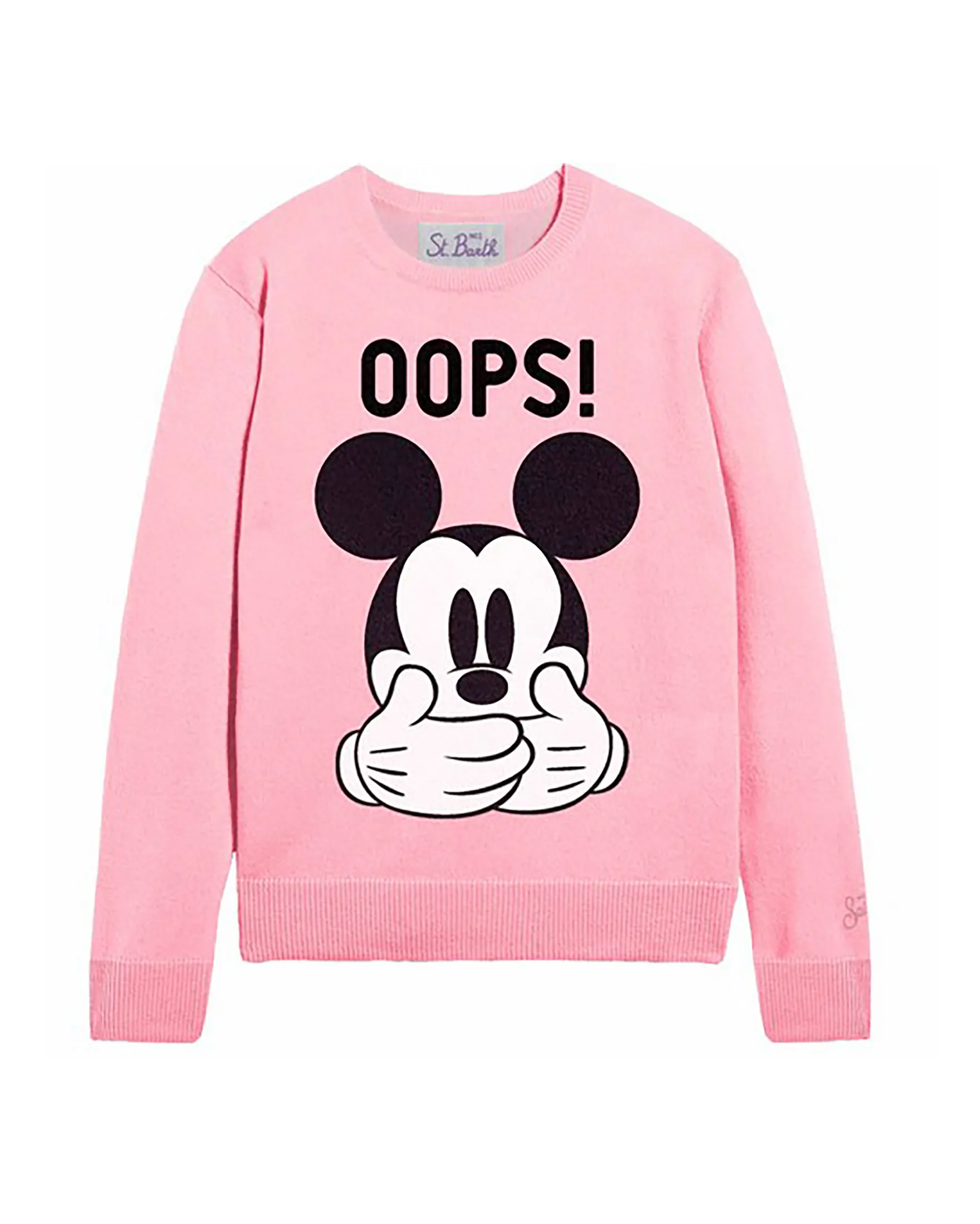 Maglia girocollo rosa in misto lana e cachemire con Mickey Mouse e scritta Oops 4-8 anni