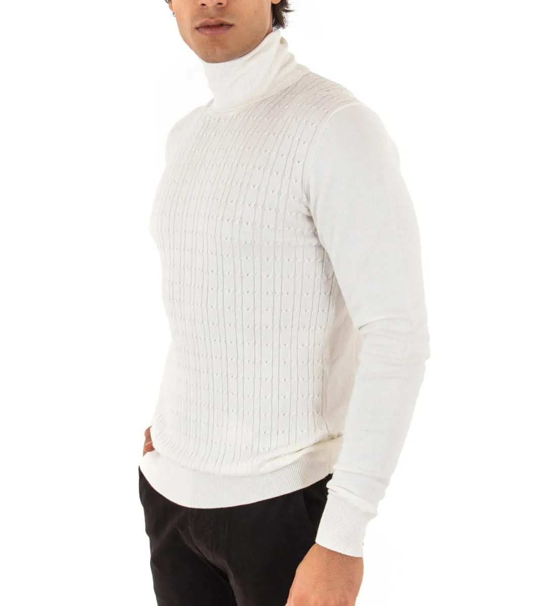 Maglioncino Uomo Maglia Trecce Collo Alto Tinta Unita Bianco Dolcevita GIOSAL-M2121A