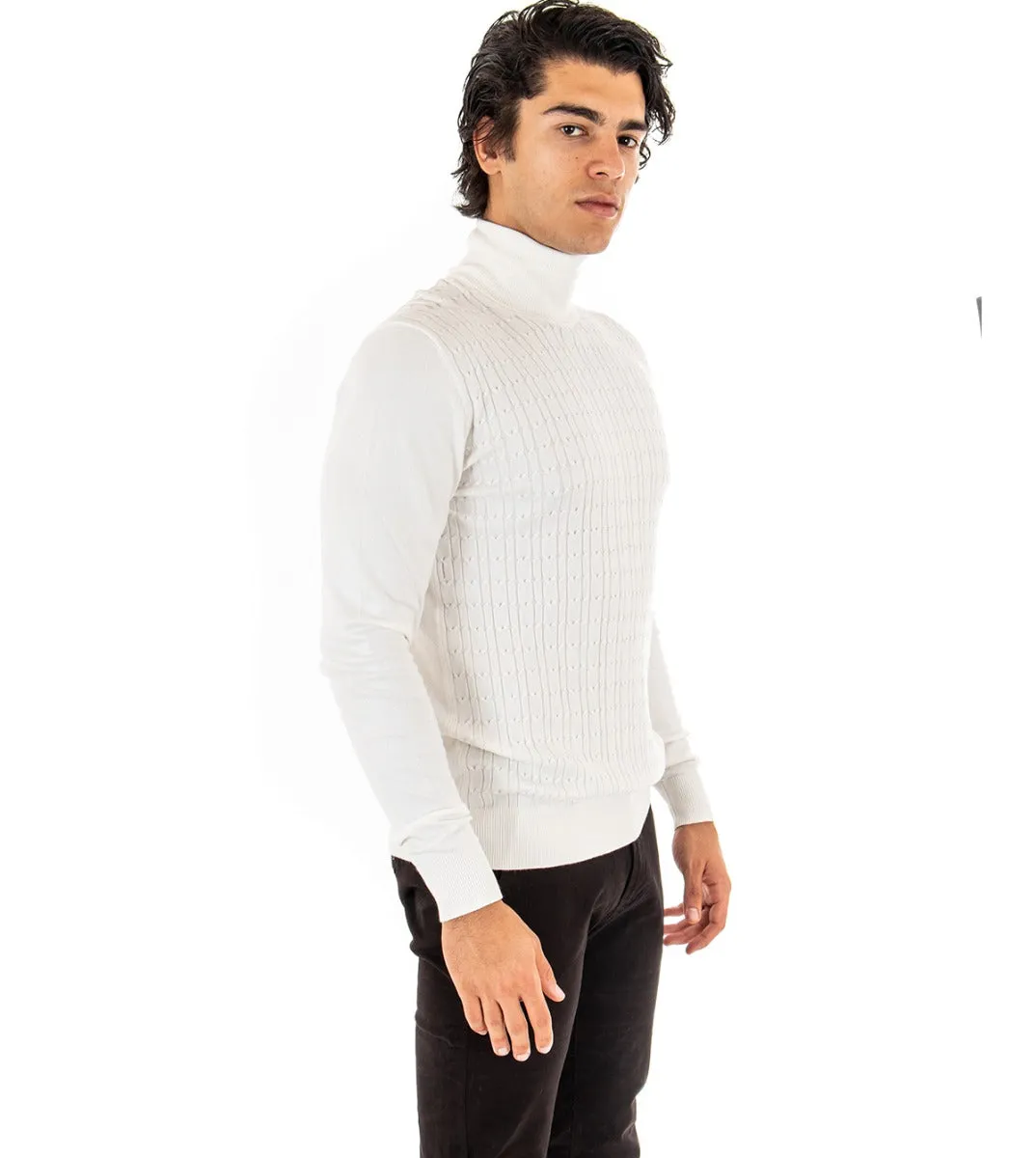 Maglioncino Uomo Maglia Trecce Collo Alto Tinta Unita Bianco Dolcevita GIOSAL-M2121A
