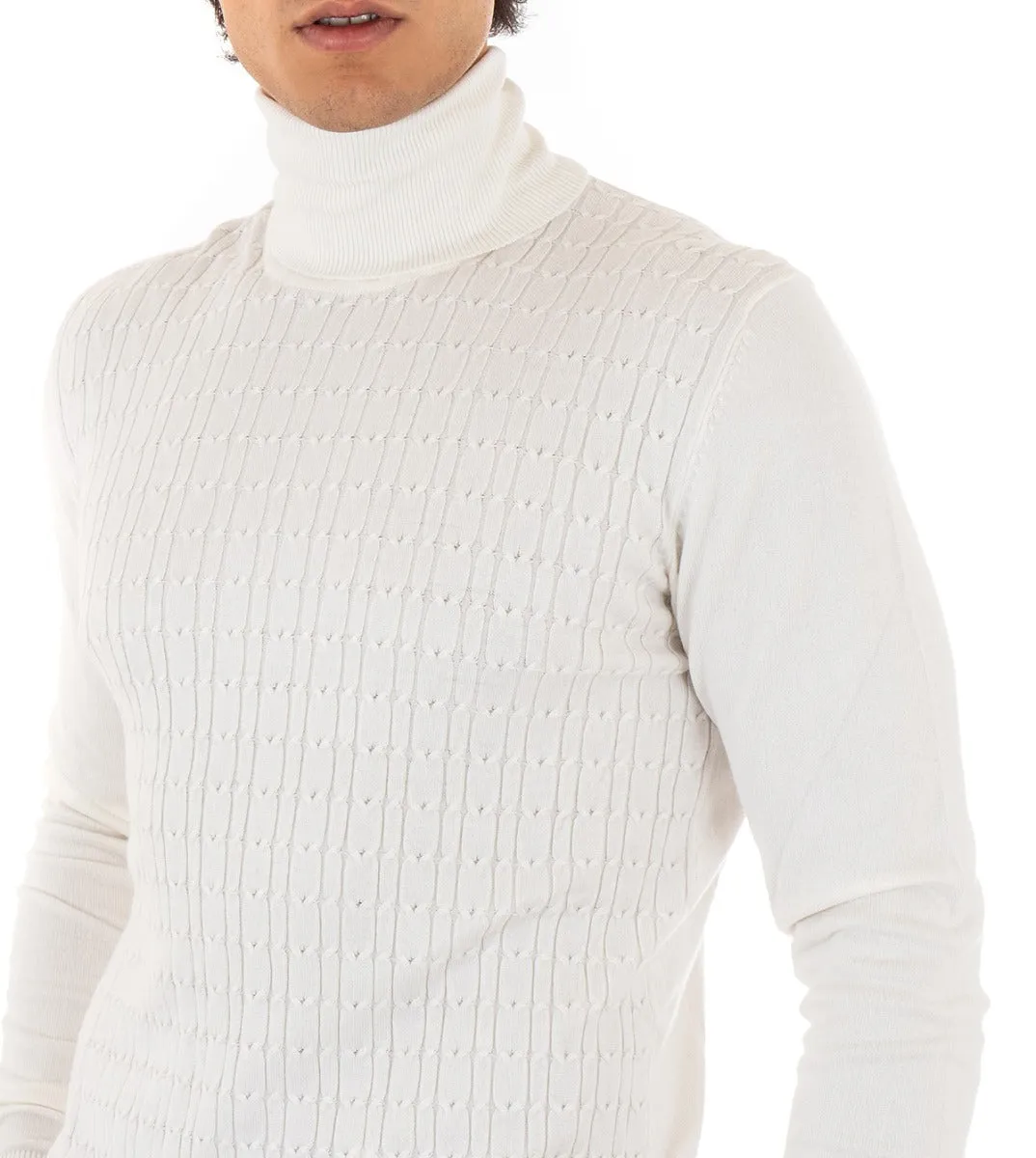 Maglioncino Uomo Maglia Trecce Collo Alto Tinta Unita Bianco Dolcevita GIOSAL-M2121A