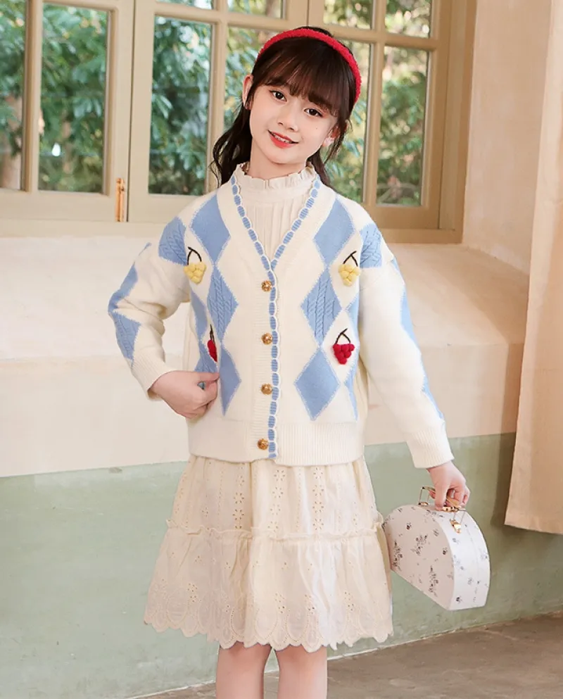 Maglione da bambina Autunno New Lingge Jacket Cardigan lavorato a maglia per bambini