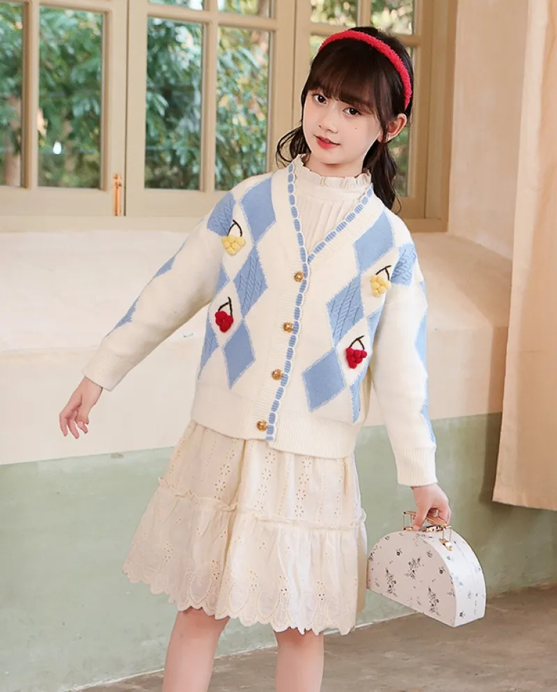 Maglione da bambina Autunno New Lingge Jacket Cardigan lavorato a maglia per bambini