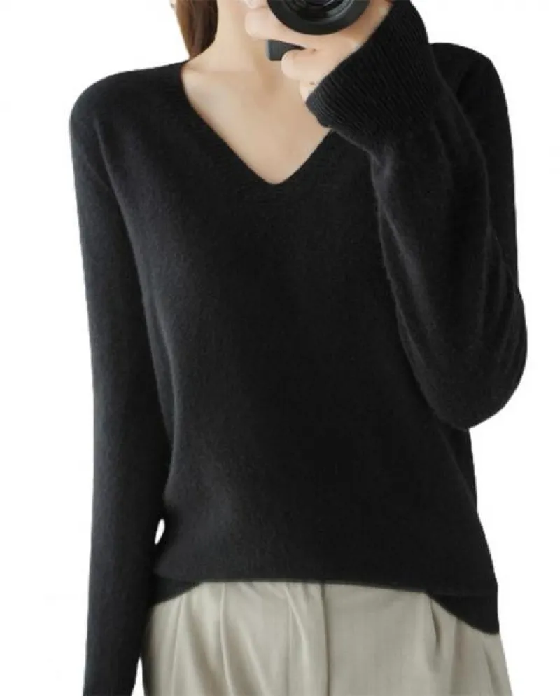 Maglione da donna Pullover con scollo a V tinta unita Moda manica lunga calda