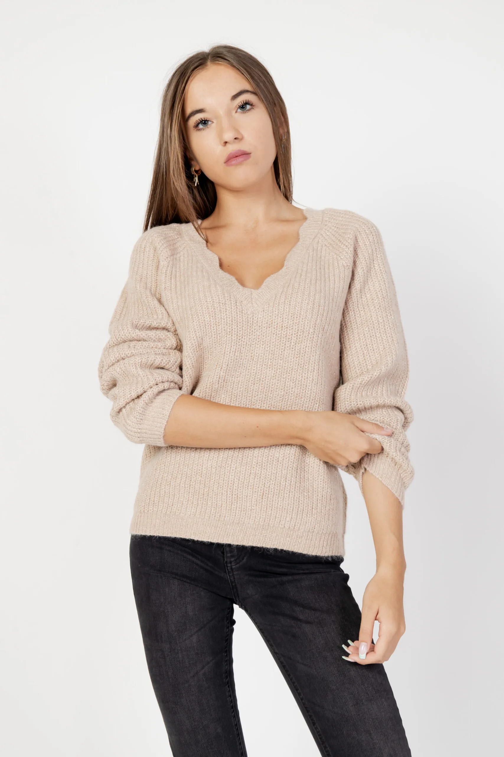 Maglione Vila Clothes vicutie l/s rev glitter knit top/pb Beige chiaro