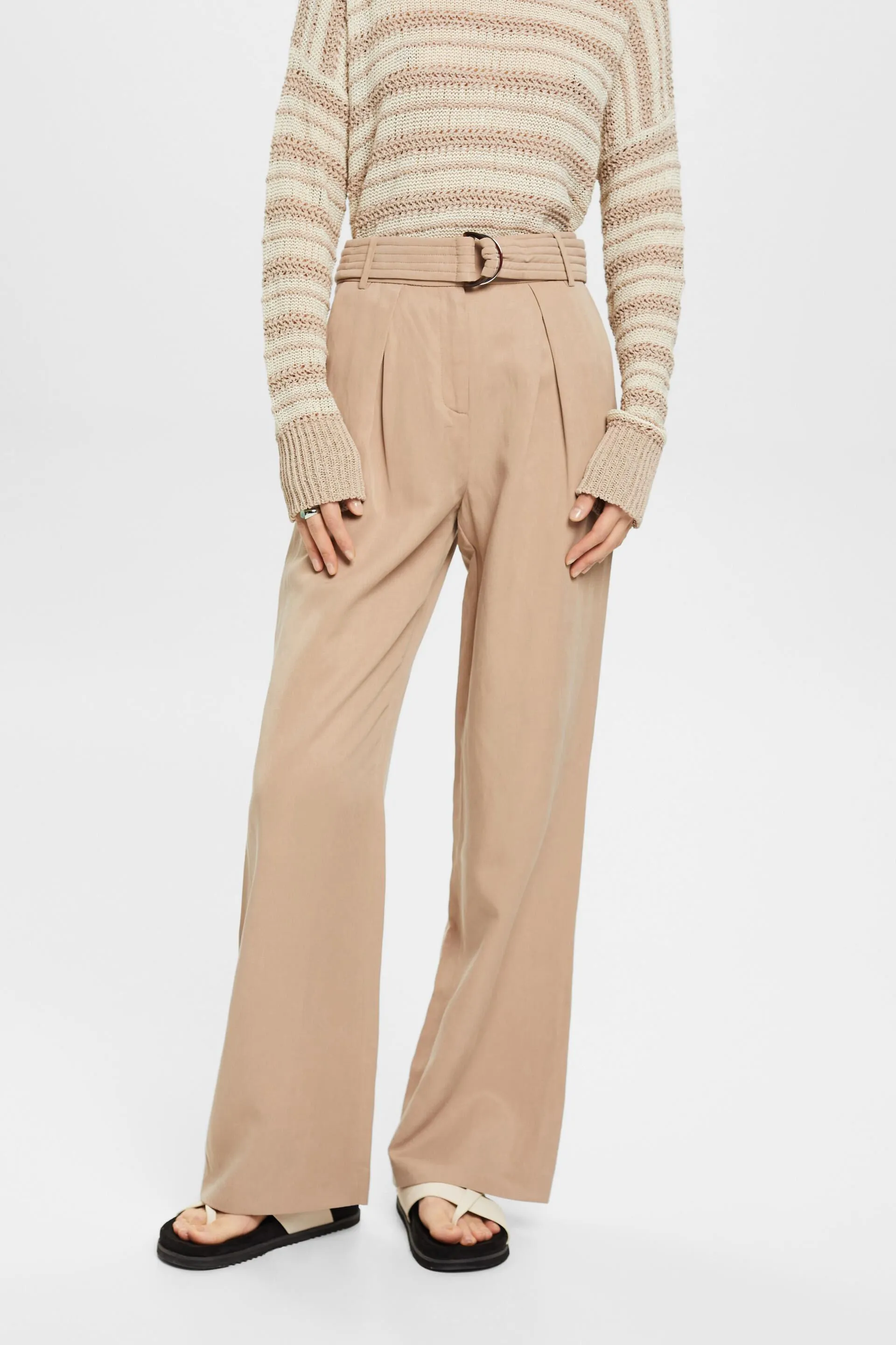 Pantaloni a gamba larga e vita alta in misto lino con cintura