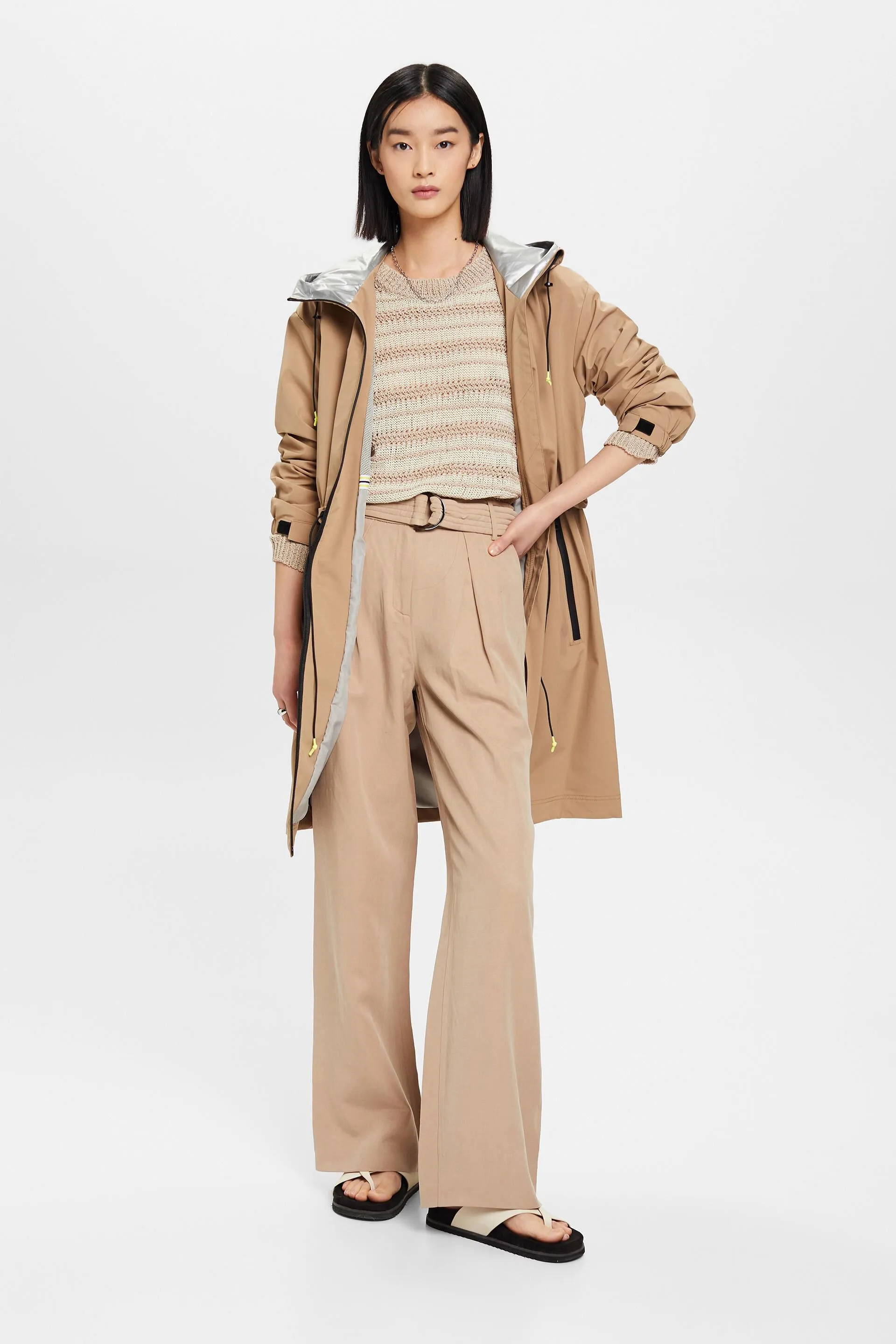 Pantaloni a gamba larga e vita alta in misto lino con cintura