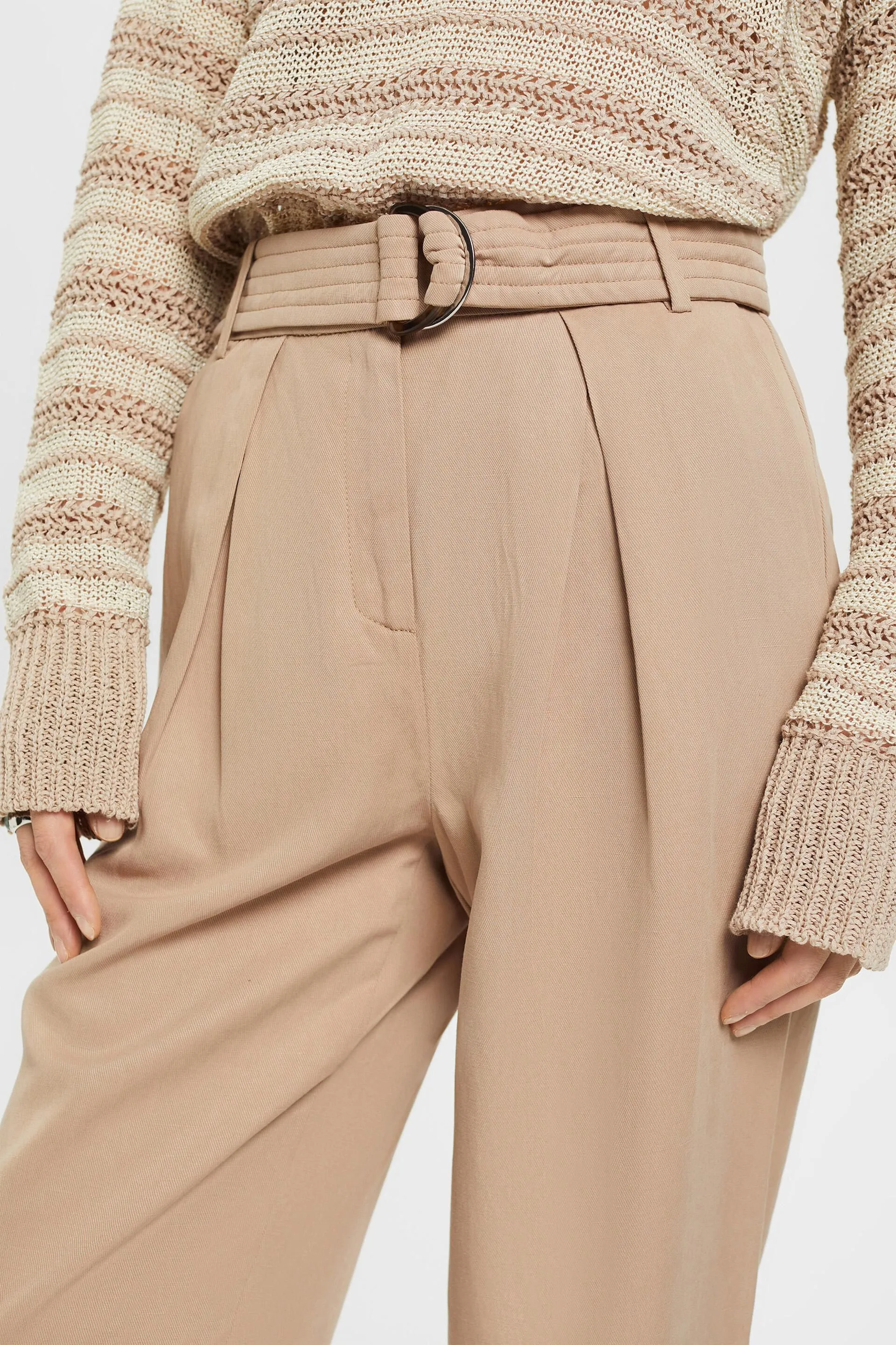 Pantaloni a gamba larga e vita alta in misto lino con cintura