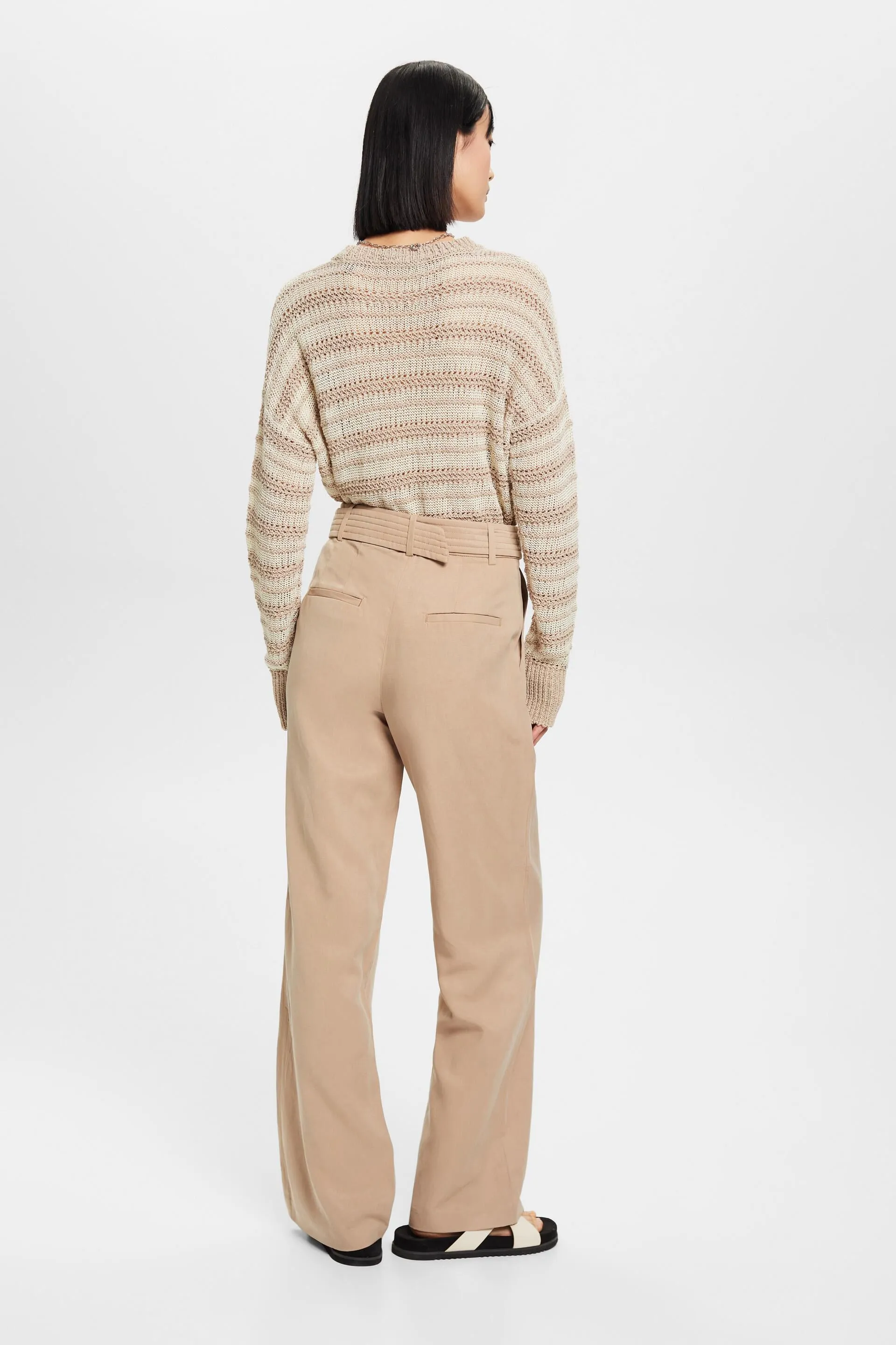Pantaloni a gamba larga e vita alta in misto lino con cintura