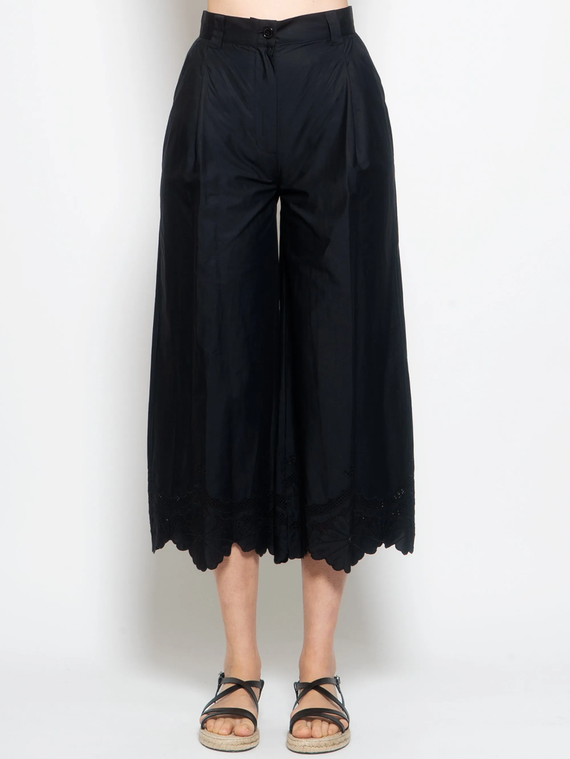 Pantaloni Ampi con Orlo Ricamato Nero