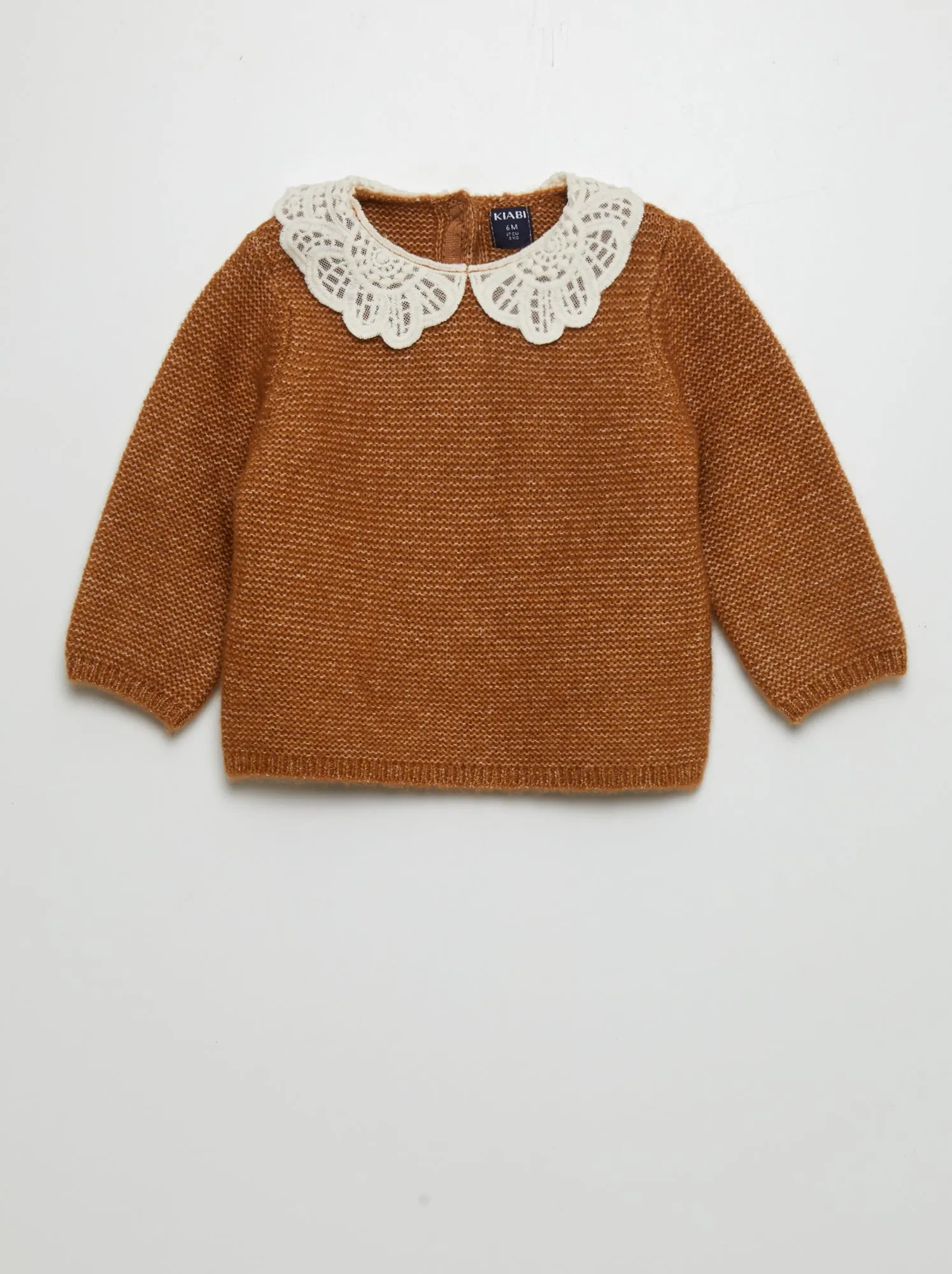 Pullover in maglia punto legaccio con colletto fantasia - MARRONE
