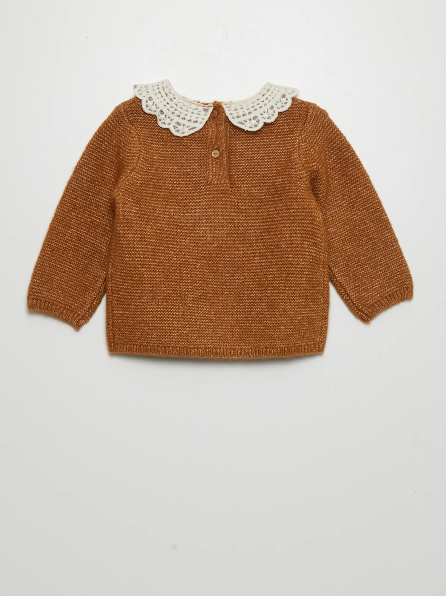 Pullover in maglia punto legaccio con colletto fantasia - MARRONE