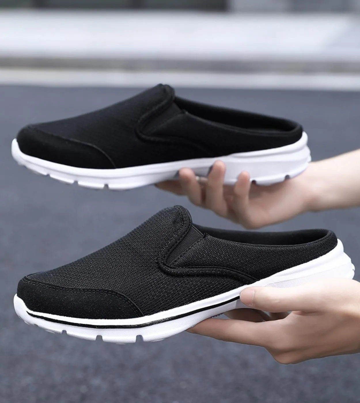 Scarpe casual da uomo New Summer Trend Mesh Traspirante Mezze scarpe da uomo Slip On Mezze pantofole nere Calzature maschili Cas