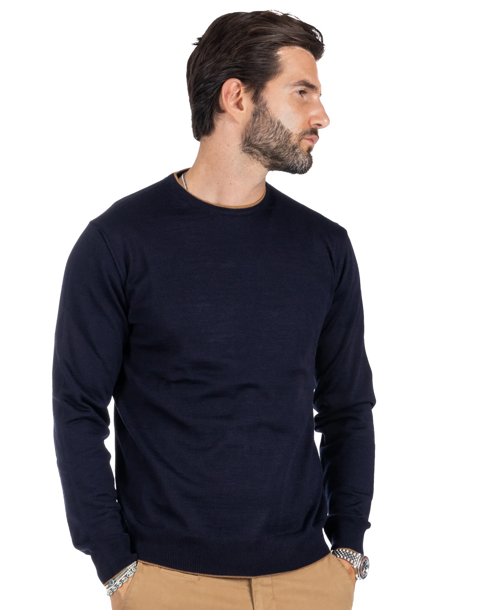 Seve - maglione blu con bordo cammello