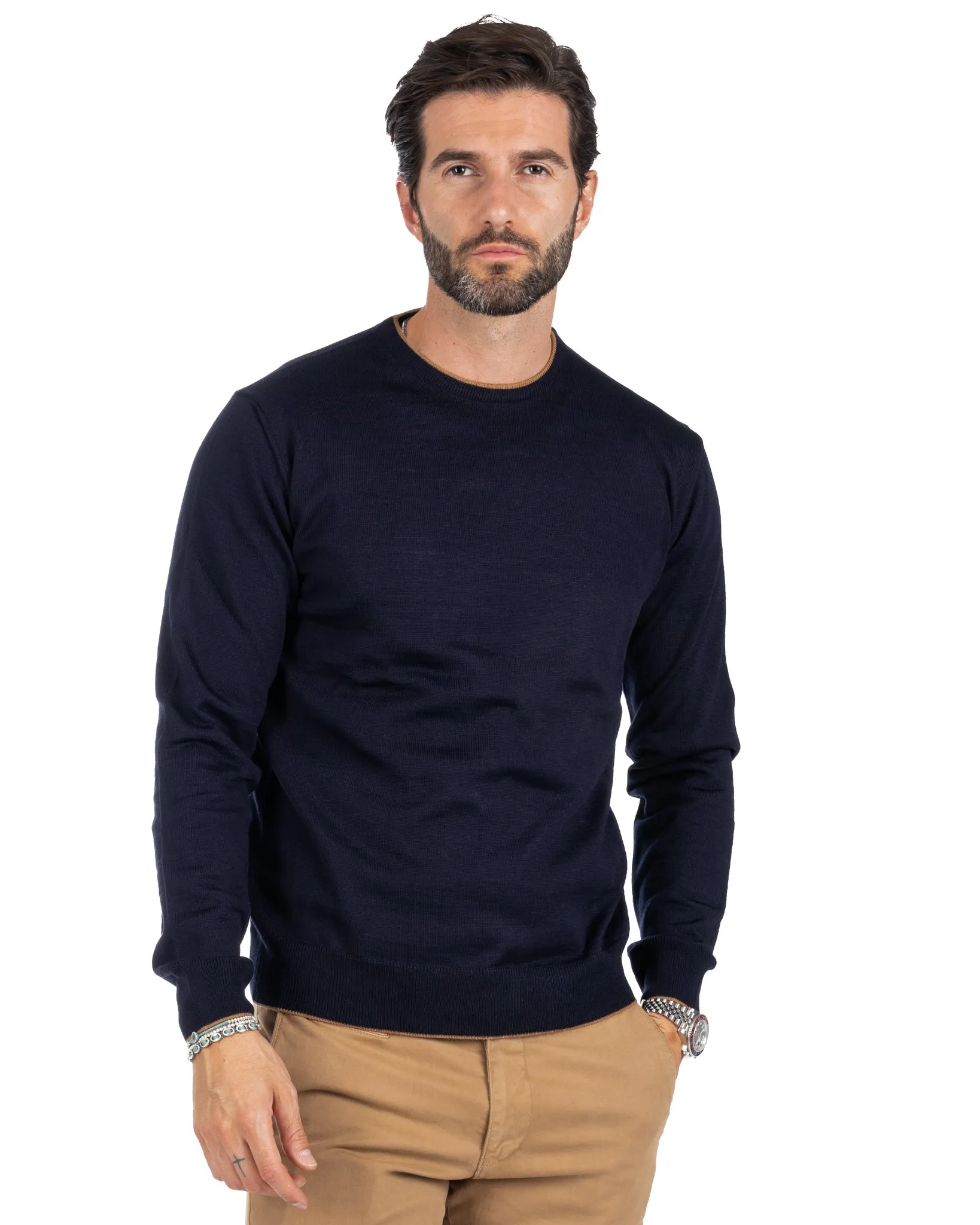 Seve - maglione blu con bordo cammello