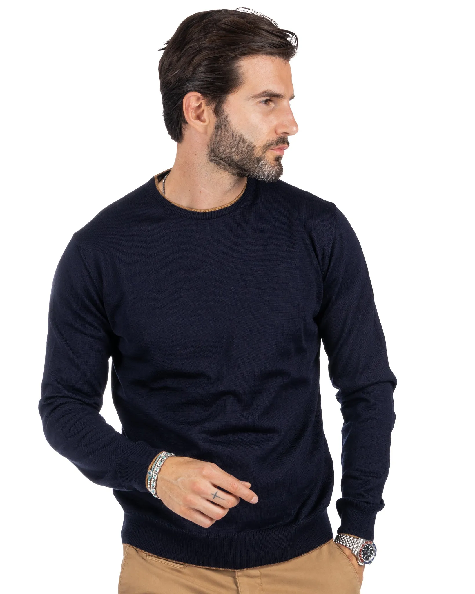 Seve - maglione blu con bordo cammello