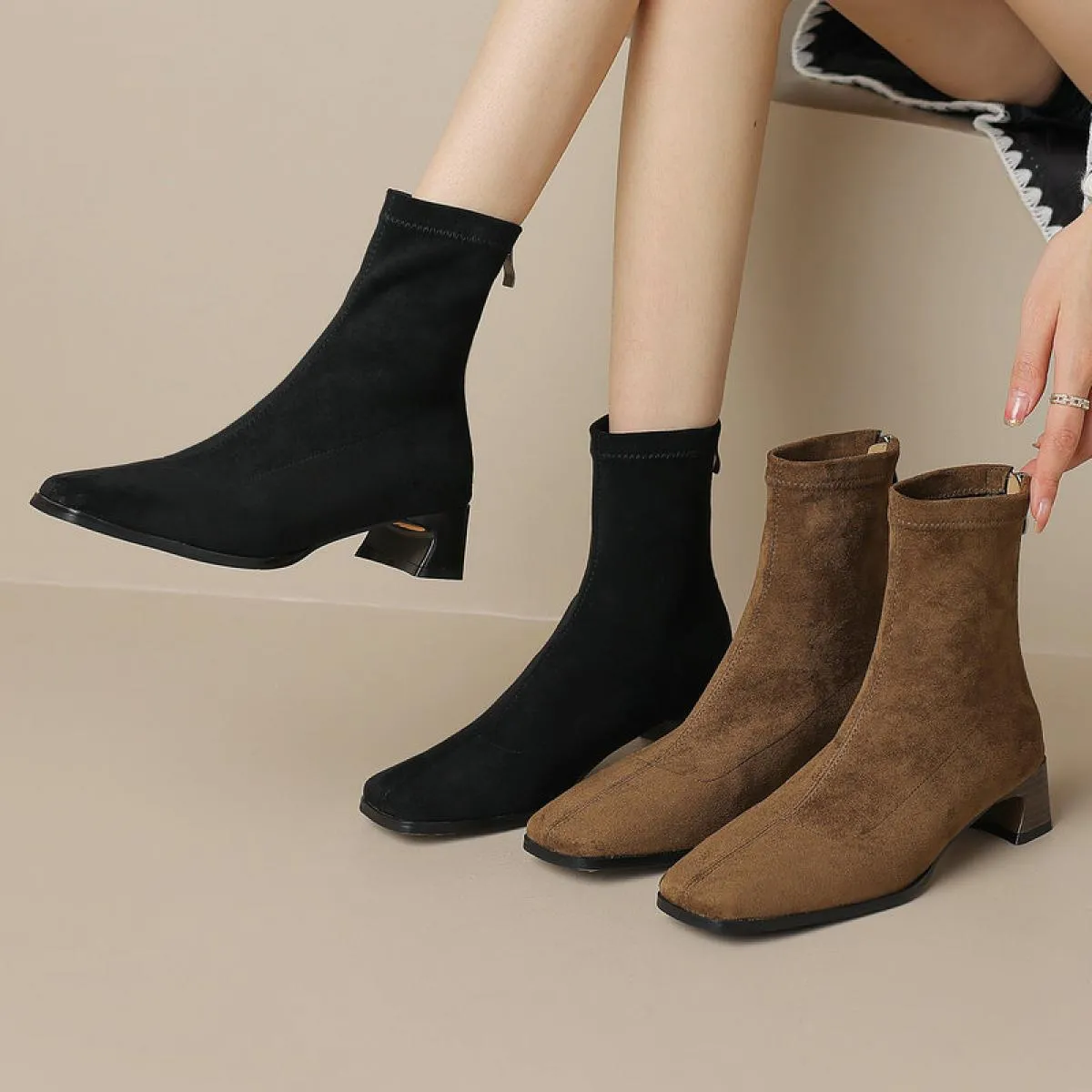 Stivaletti da donna Tacco medio Pelle scamosciata di mucca Punta quadrata Office Lady Autunno Inverno Cerniera posteriore Scarpe