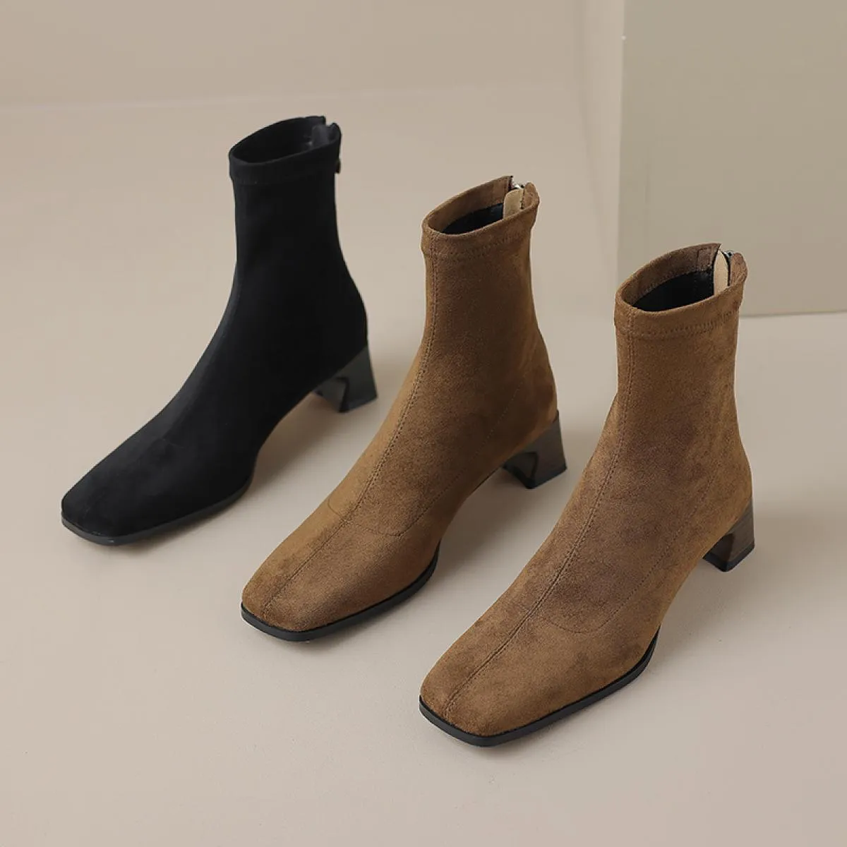 Stivaletti da donna Tacco medio Pelle scamosciata di mucca Punta quadrata Office Lady Autunno Inverno Cerniera posteriore Scarpe