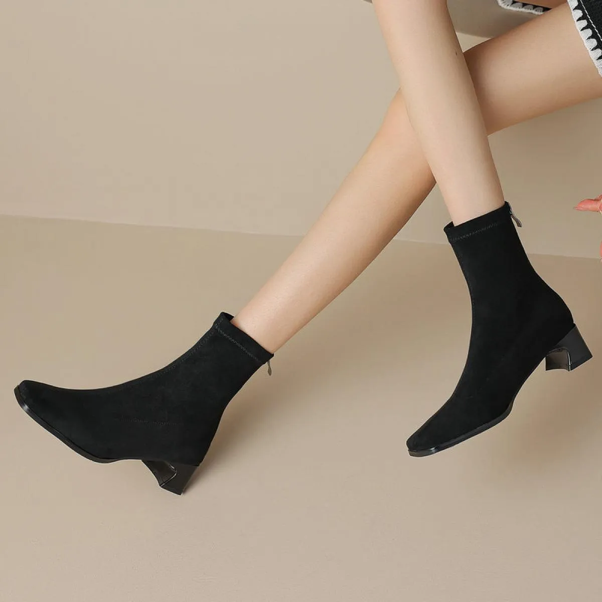 Stivaletti da donna Tacco medio Pelle scamosciata di mucca Punta quadrata Office Lady Autunno Inverno Cerniera posteriore Scarpe