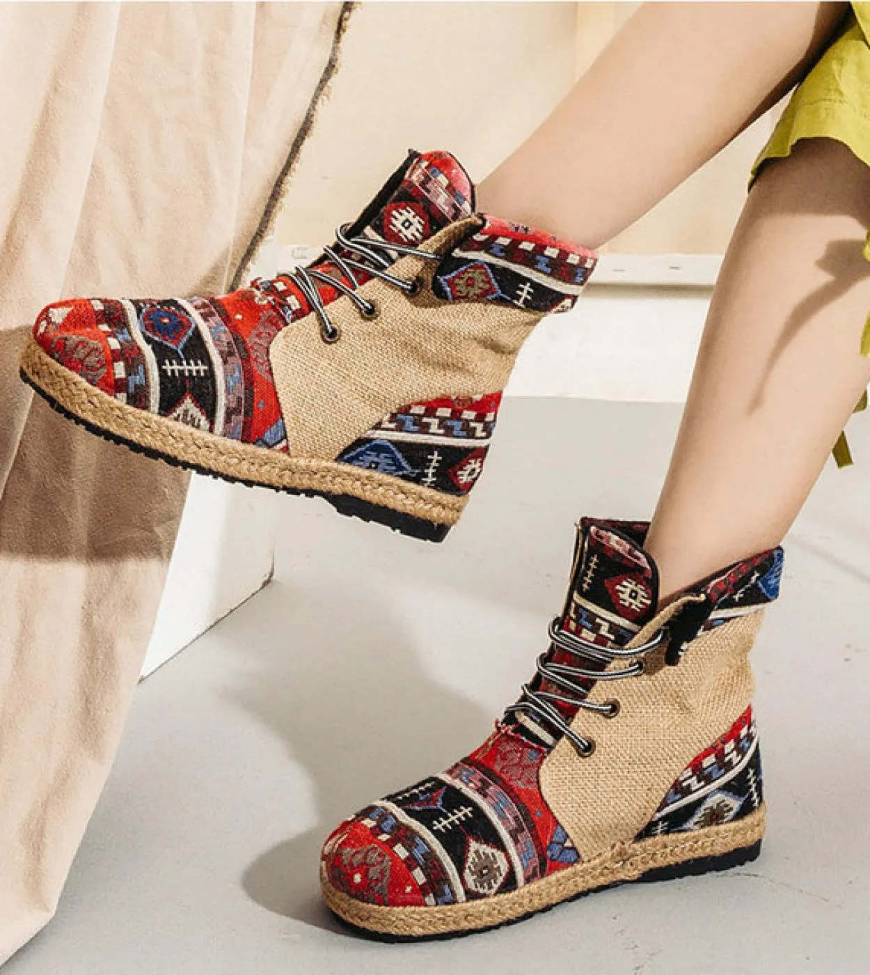 Stivaletti di canapa per ragazze Primavera  autunno Patchwork Stivali da donna belli ricamati Lace Up Botines Mujer 2022