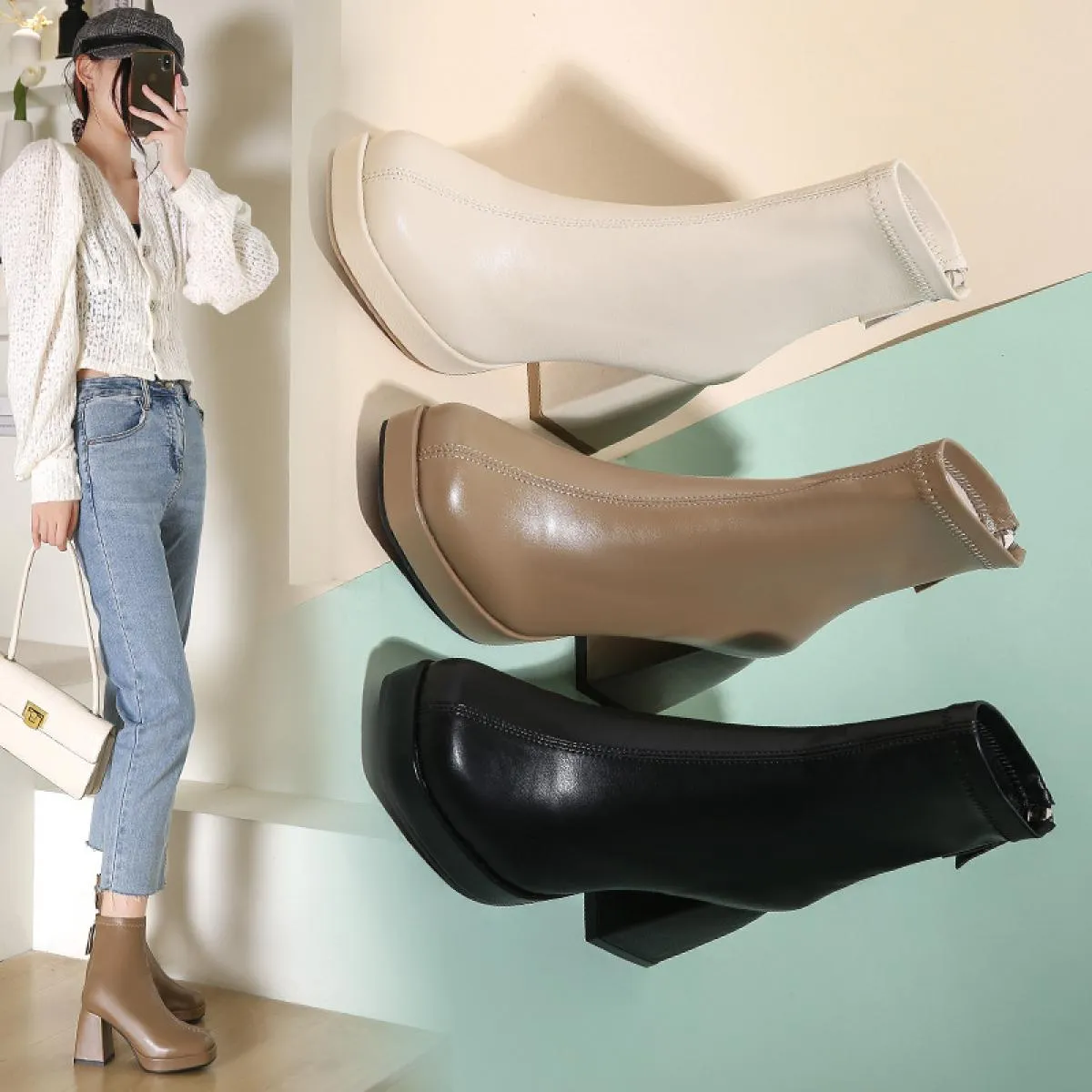 Stivaletti di nuova moda per donna Tacchi alti Piattaforma robusta Tessuto elasticizzato Punta quadrata Suola bianca Cerniera St