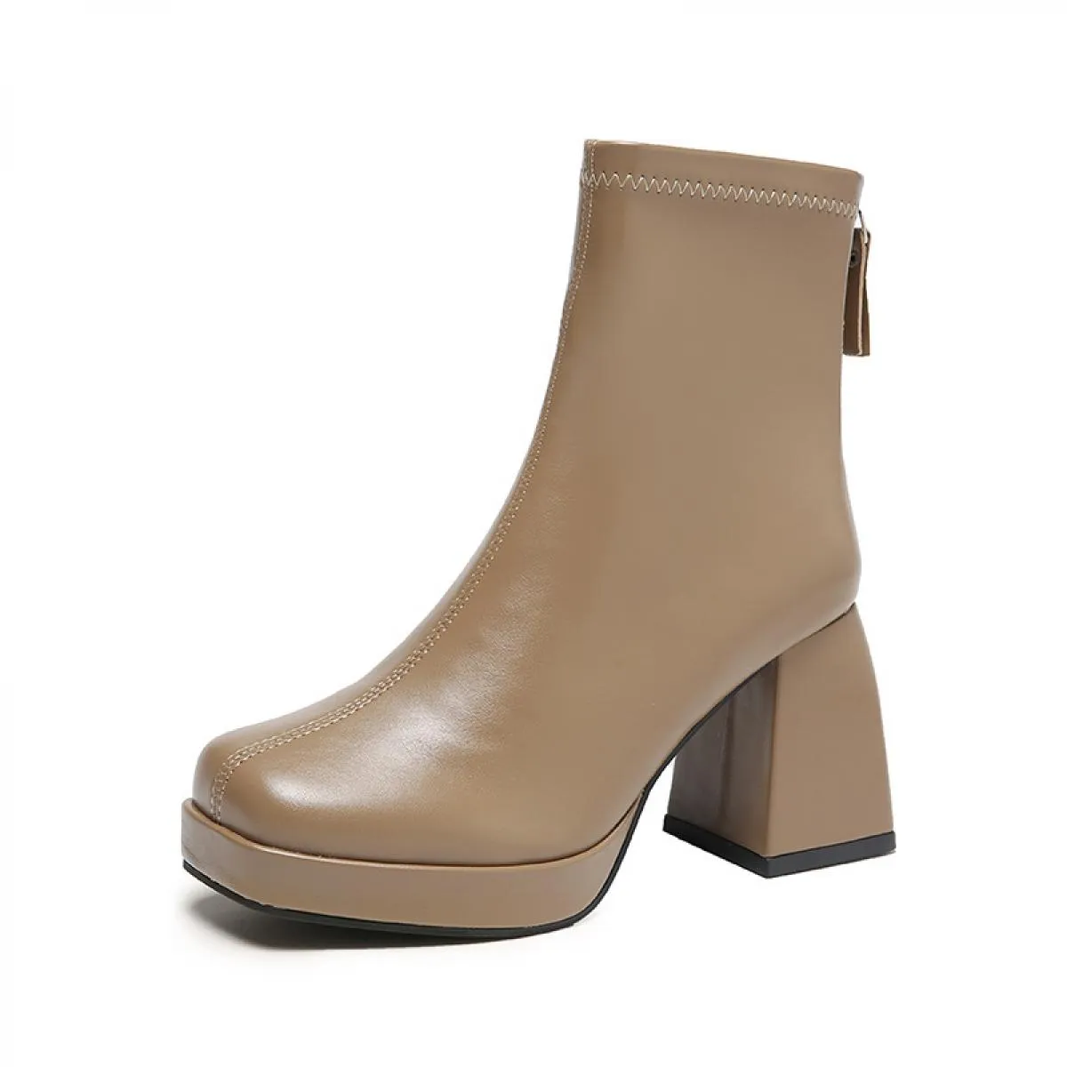 Stivaletti di nuova moda per donna Tacchi alti Piattaforma robusta Tessuto elasticizzato Punta quadrata Suola bianca Cerniera St