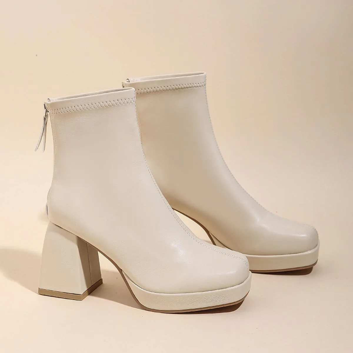 Stivaletti di nuova moda per donna Tacchi alti Piattaforma robusta Tessuto elasticizzato Punta quadrata Suola bianca Cerniera St