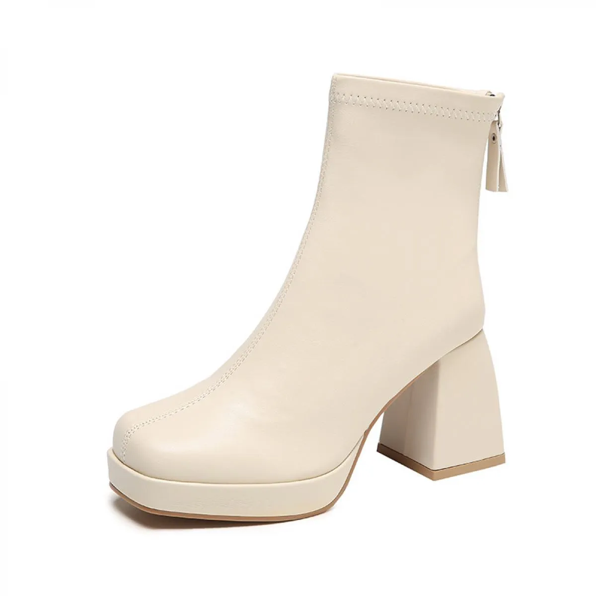 Stivaletti di nuova moda per donna Tacchi alti Piattaforma robusta Tessuto elasticizzato Punta quadrata Suola bianca Cerniera St