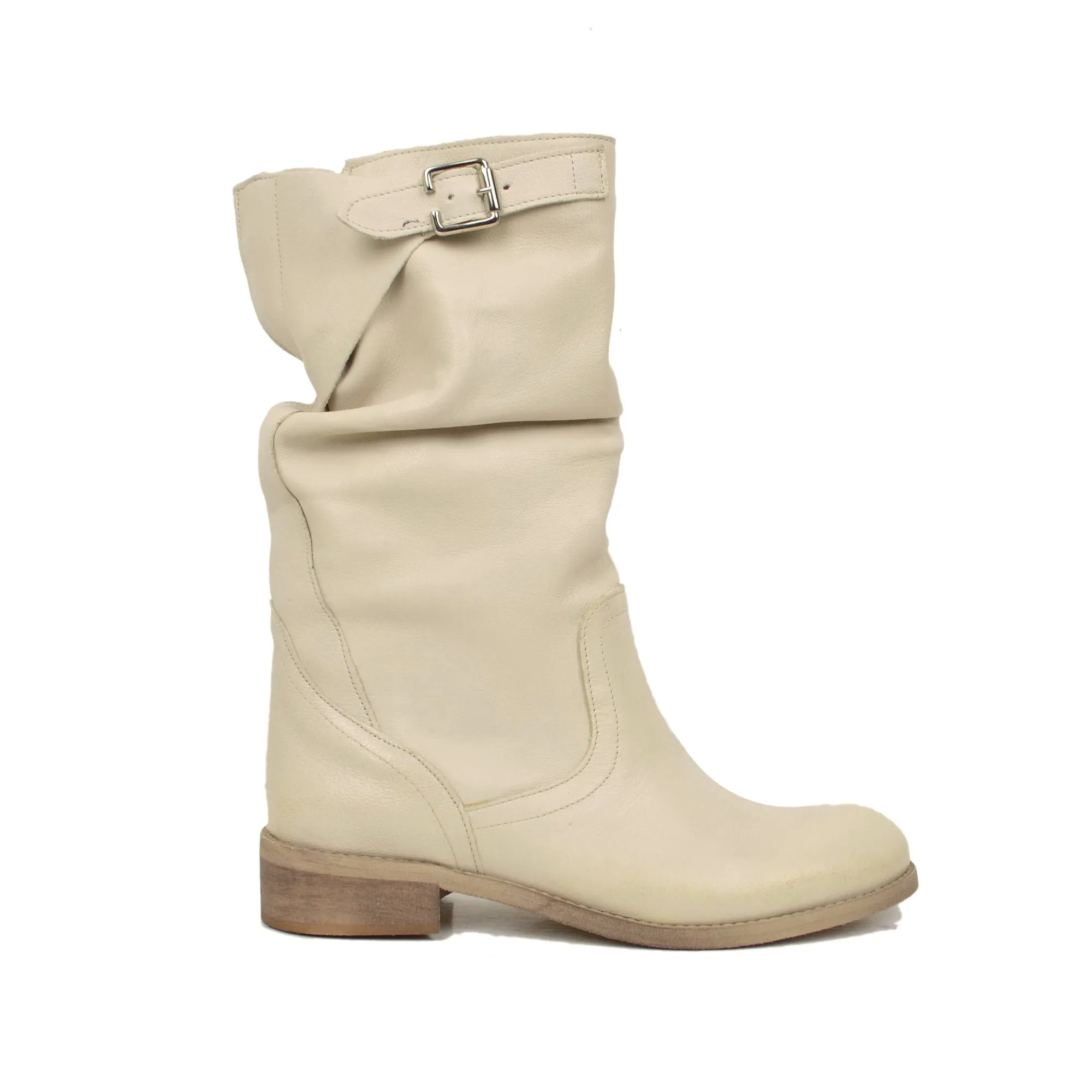 Stivali Biker a Metà Polpaccio con Fibbia in Pelle Vintage Beige