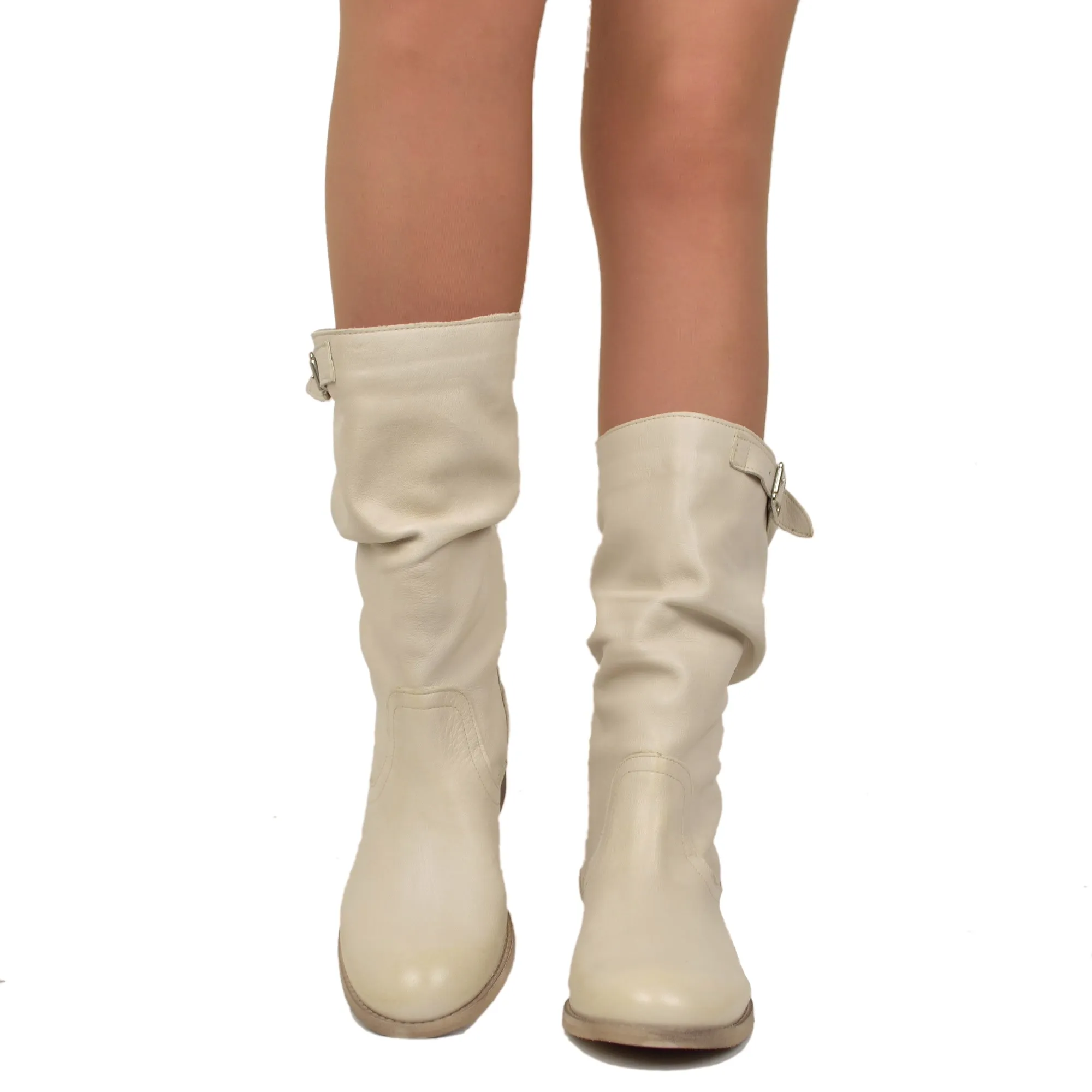 Stivali Biker a Metà Polpaccio con Fibbia in Pelle Vintage Beige