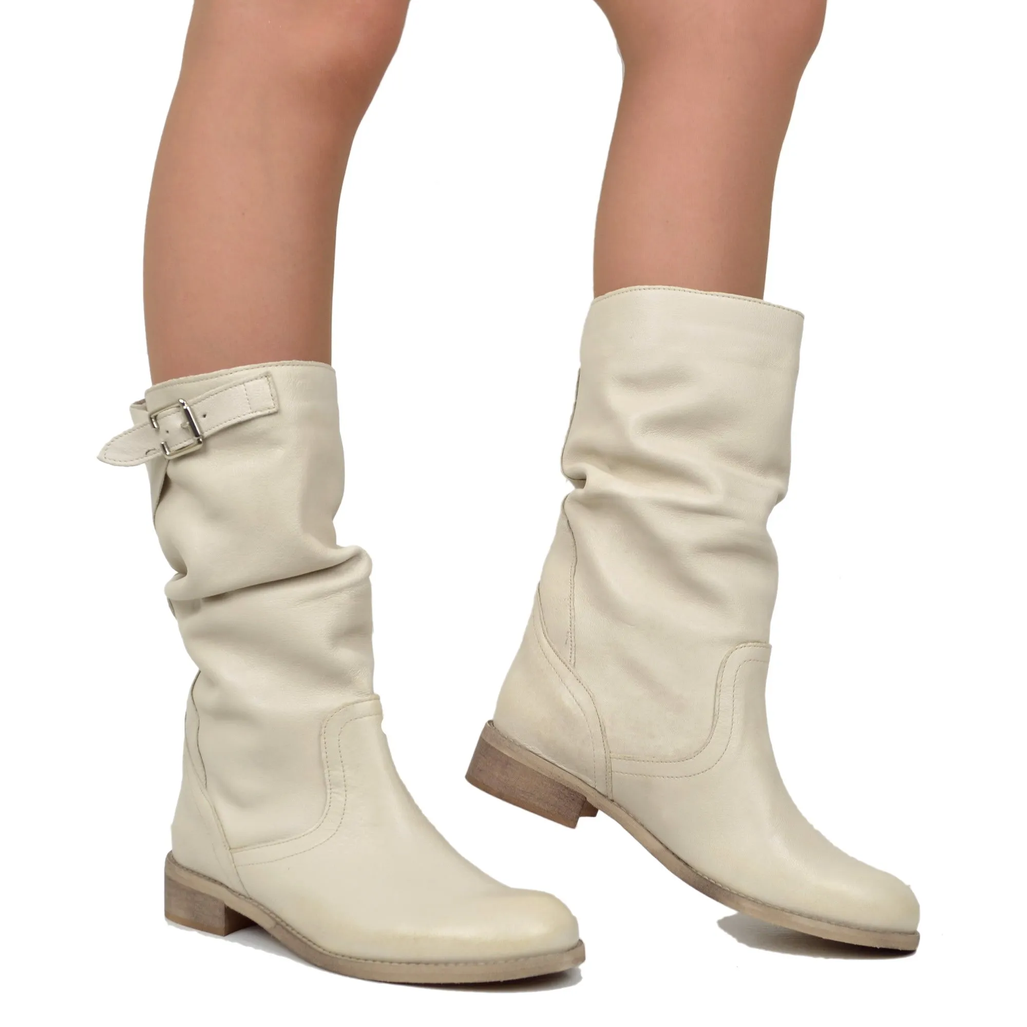 Stivali Biker a Metà Polpaccio con Fibbia in Pelle Vintage Beige