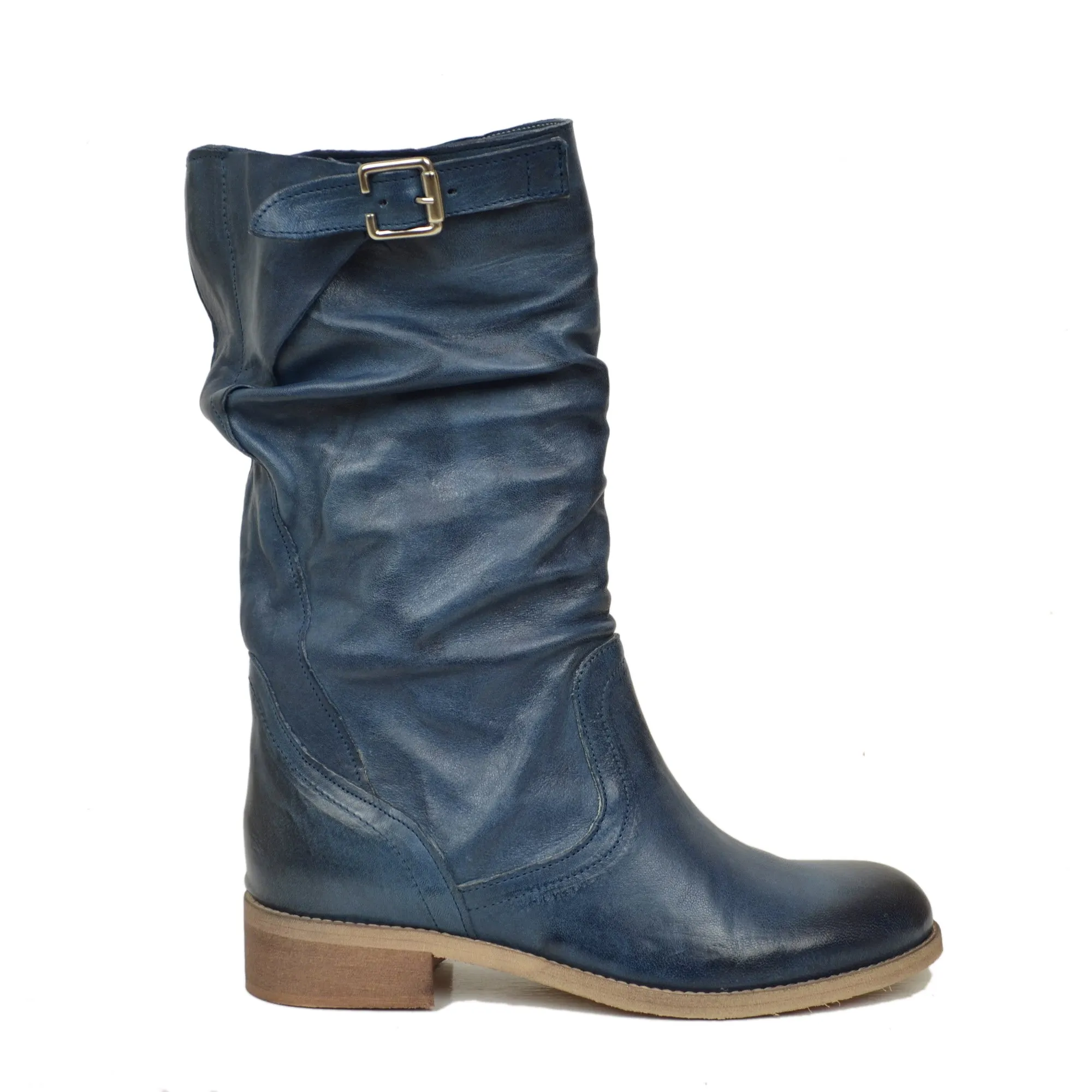 Stivali Biker a Metà Polpaccio con Fibbia in Pelle Vintage Blu