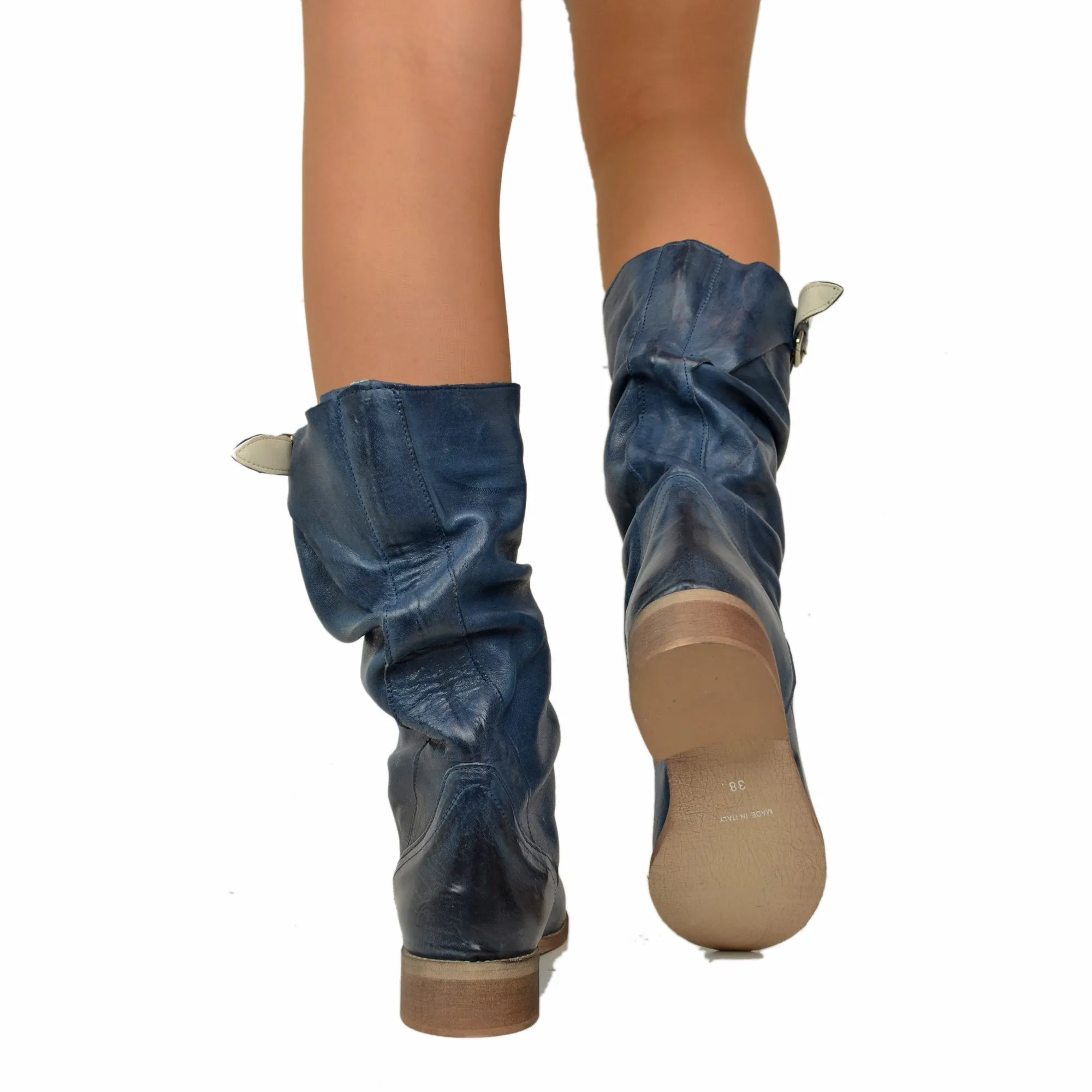 Stivali Biker a Metà Polpaccio con Fibbia in Pelle Vintage Blu