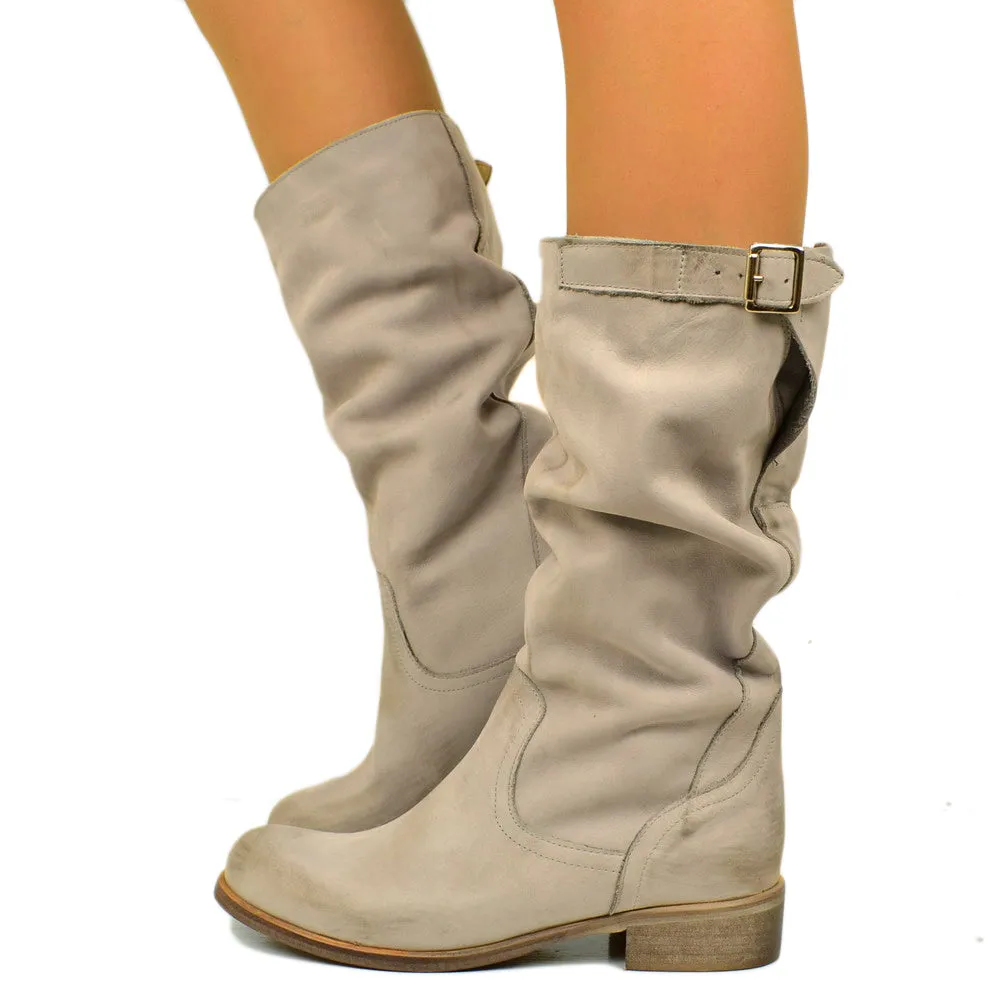 Stivali Biker Boots a Metà Polpaccio in Pelle Vintage Perla