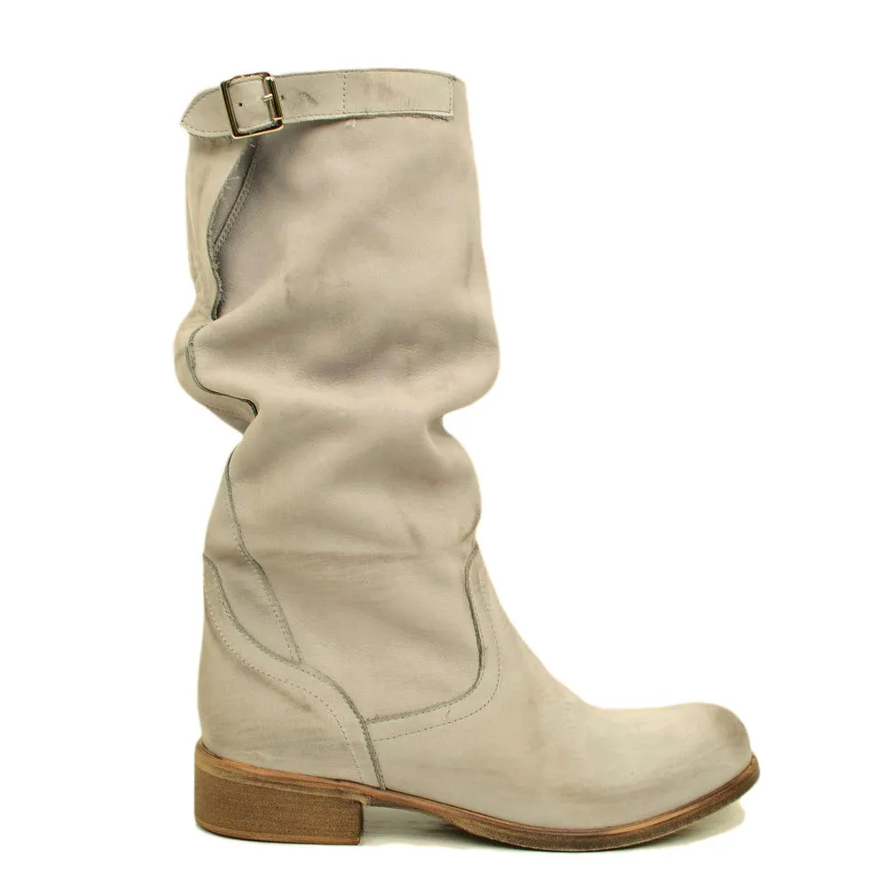 Stivali Biker Boots a Metà Polpaccio in Pelle Vintage Perla