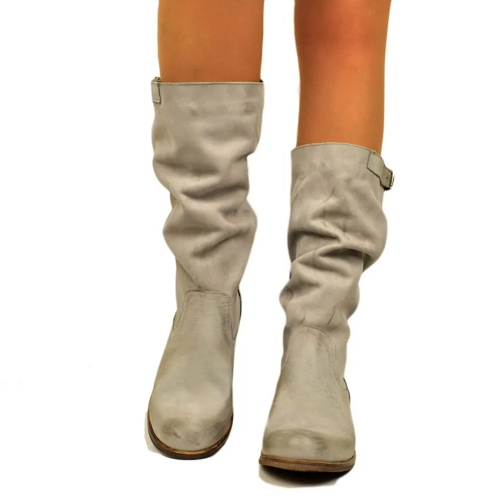 Stivali Biker Boots a Metà Polpaccio in Pelle Vintage Perla