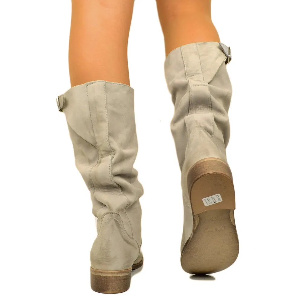 Stivali Biker Boots a Metà Polpaccio in Pelle Vintage Perla