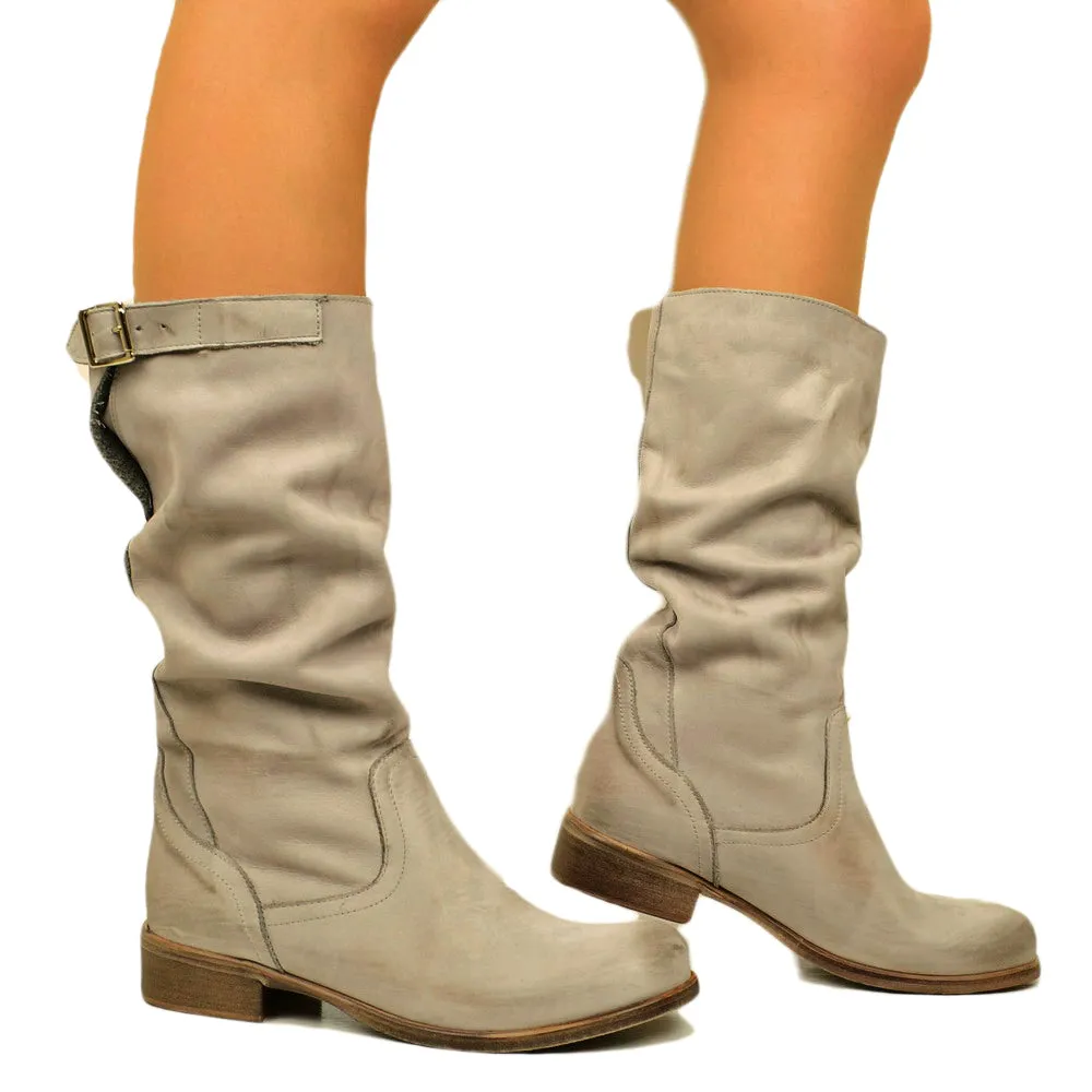 Stivali Biker Boots a Metà Polpaccio in Pelle Vintage Perla