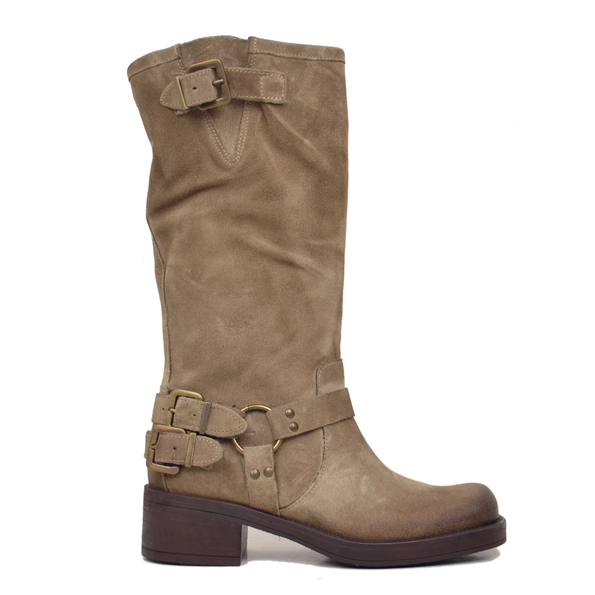 Stivali Biker Donna con Punta Squadrata Taupe in Pelle Scamosciata