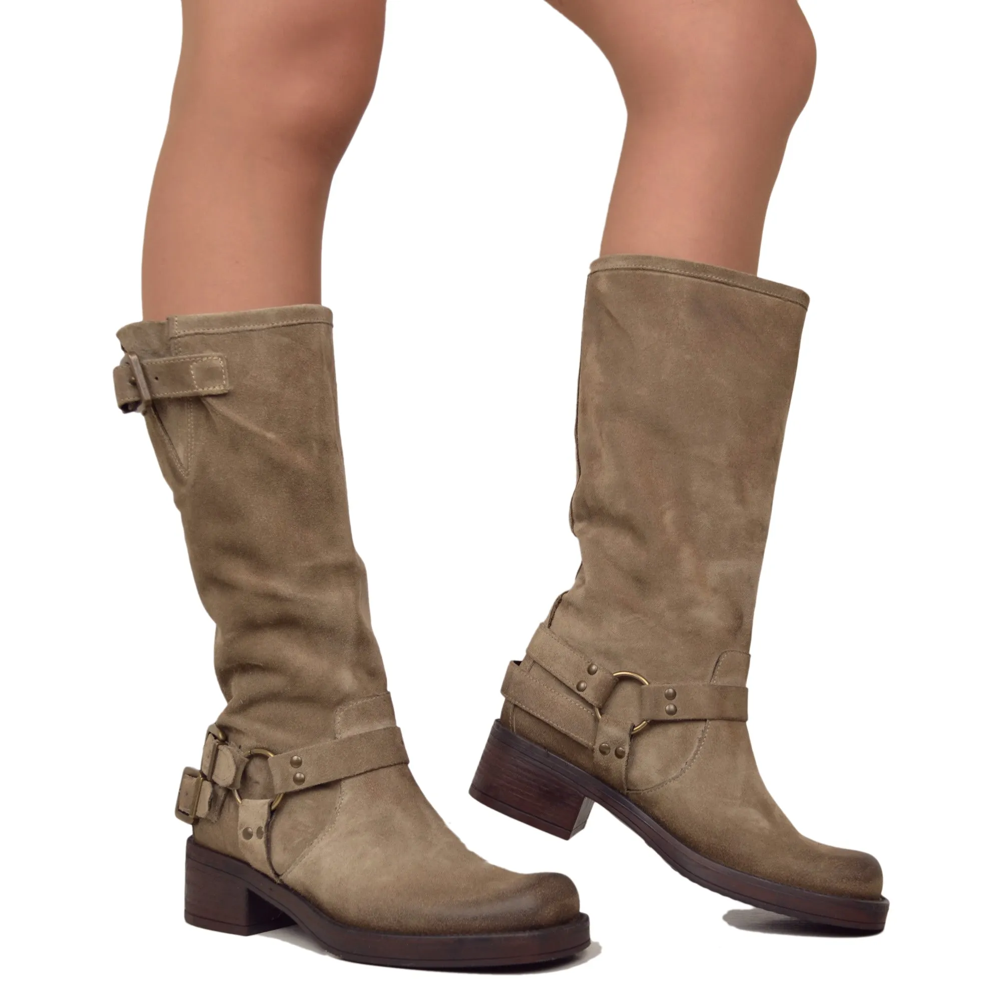 Stivali Biker Donna con Punta Squadrata Taupe in Pelle Scamosciata