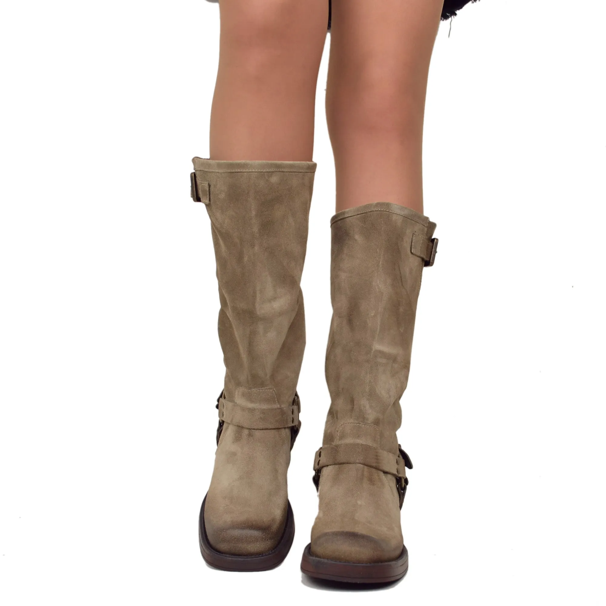 Stivali Biker Donna con Punta Squadrata Taupe in Pelle Scamosciata