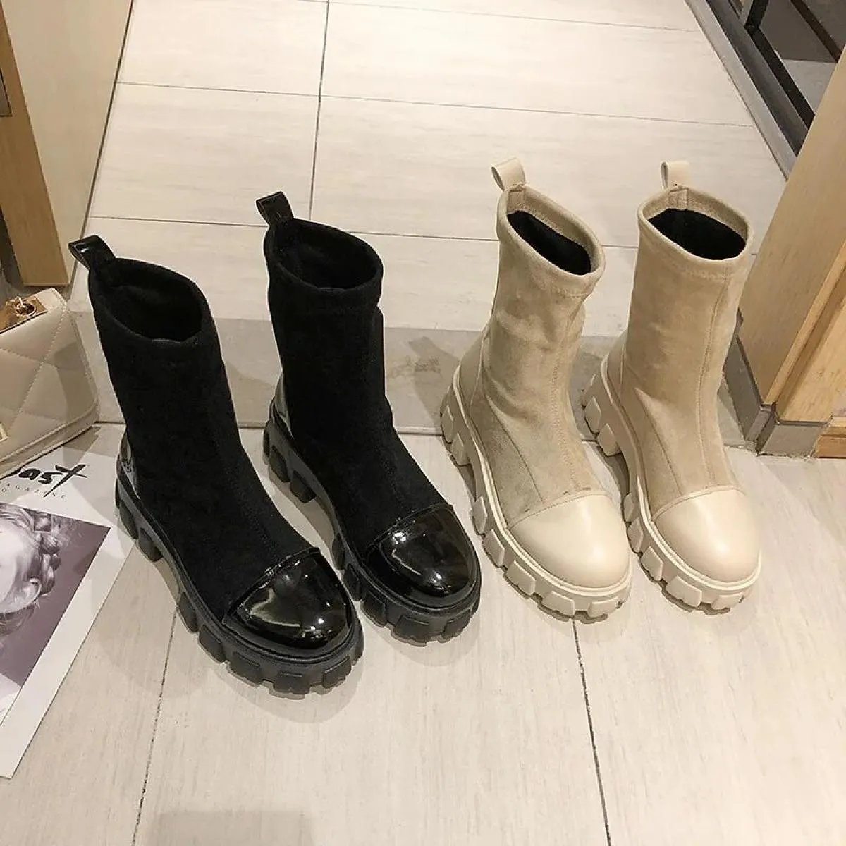 Stivali calzino neri donna 2022 nuove scarpe punk gotiche stivaletti scarpe con plateau stivali calzino bianchi da donna