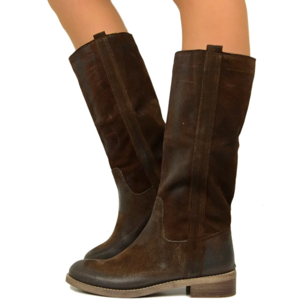 Stivali Camperos Donna Testa di Moro in Pelle Vintage Scamosciata