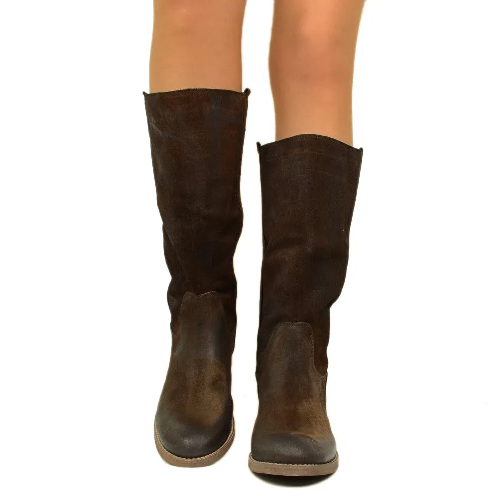 Stivali Camperos Donna Testa di Moro in Pelle Vintage Scamosciata