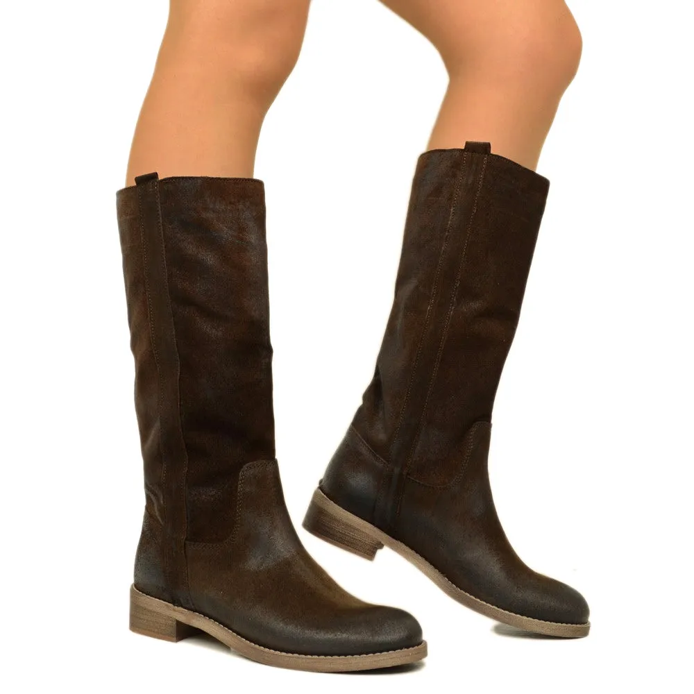 Stivali Camperos Donna Testa di Moro in Pelle Vintage Scamosciata