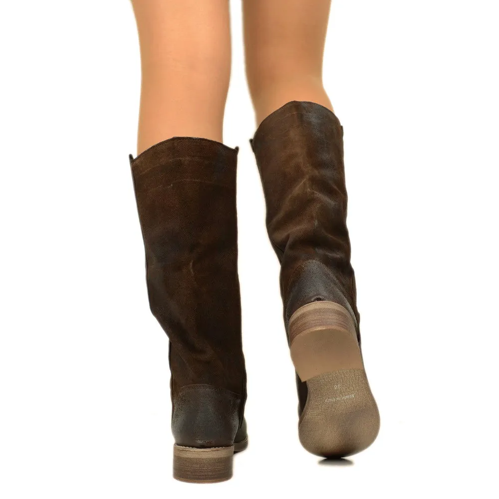 Stivali Camperos Donna Testa di Moro in Pelle Vintage Scamosciata