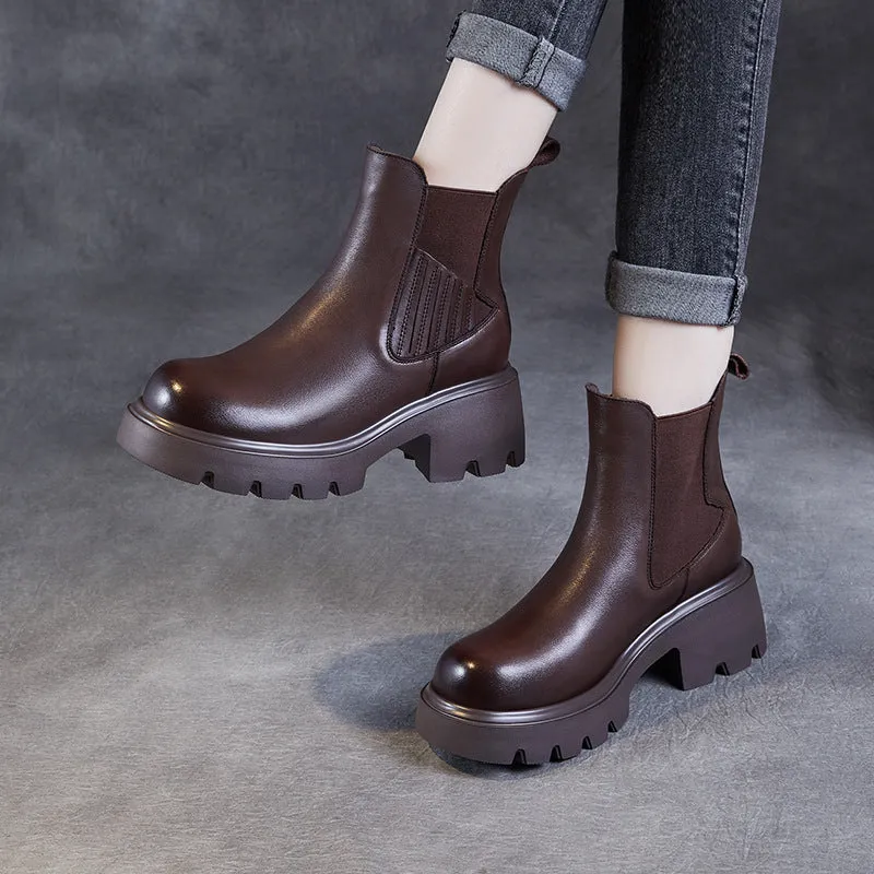 Stivali casual con plateau in pelle tinta unita vintage da donna