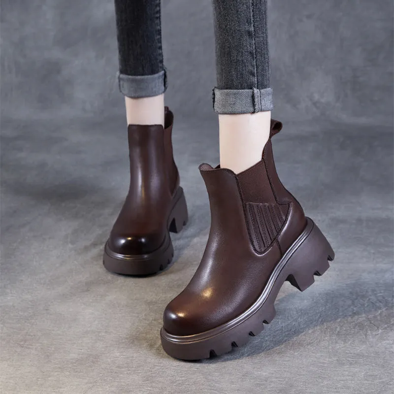 Stivali casual con plateau in pelle tinta unita vintage da donna