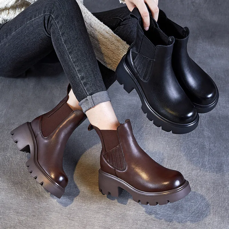 Stivali casual con plateau in pelle tinta unita vintage da donna