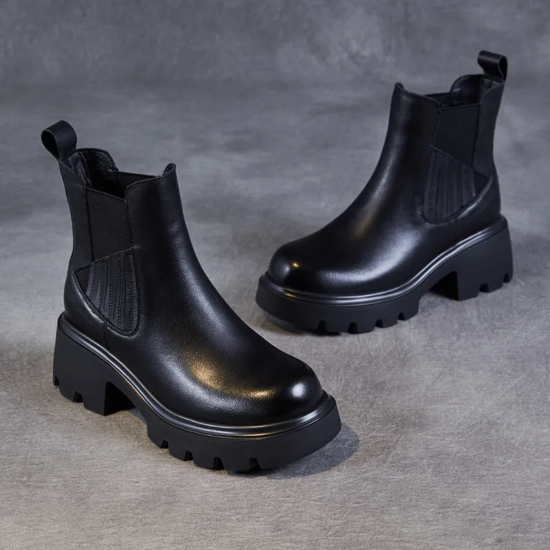 Stivali casual con plateau in pelle tinta unita vintage da donna